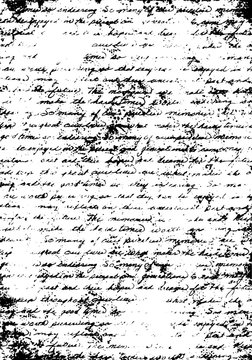 Letter page grunge background. Calligraphy illegible handwrite black white pattern. Old texture. Ink spots.