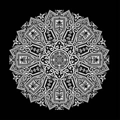 Mandala Design Vintage Elegant Vector Illustration, Round Ornament Pattern White Mandala on Black Background