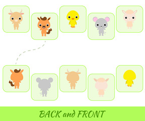 Matching educational game for children. Find the back and front cartoon animals. Educational activity for preschool years kids and toddlers with cute animals. Flat vector stock illustration.
