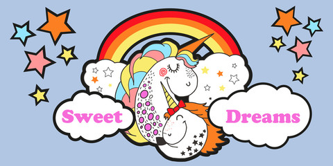 Cute carttoon style mama unicorn with doghter unicorn, starry sky, bright rainbow with clouds. Horizontal banner. Elements for kids room decoration, book, wall sticker, postcard, invitation.
