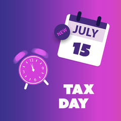 Modern Style Tax Day Reminder Concept, Blue and Purple Calendar Design with Clock - US Tax Deadline Template, New Extended Date for IRS Federal Income Tax Returns: 15 July 2020