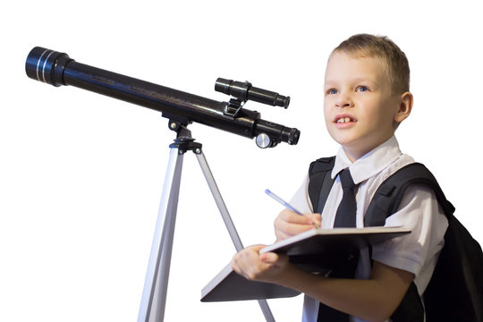 Schoolboy Looking Through A Telescope On A White Background