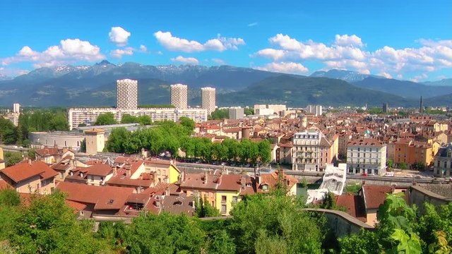 Dowmtown Grenoble seen from La Bastille, France. Time lapse
