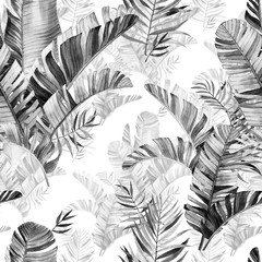 Pattern with beautiful watercolor tropical leaves. Tropics. Realistic tropical leaves. In black and white style.