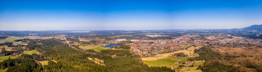 Penzberg city in bavaria. Aerial Panorama. Starnbergersee Lake. Alps with look at Herzogstand,...