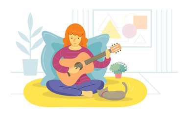 Stay at Home, Woman Playing Guitar, Quarantine, Relax, Hobby and Leisure