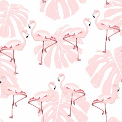 Pink flamingo, monstera leaves, white background. Floral seamless pattern. Tropical illustration. Exotic plants, birds. Summer beach design. Paradise nature.