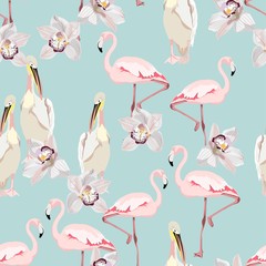 Obraz premium Tropical orchid, exotic flowers, pelican flamingo bird floral seamless pattern, blue background. Exotic jungle bird wallpaper.