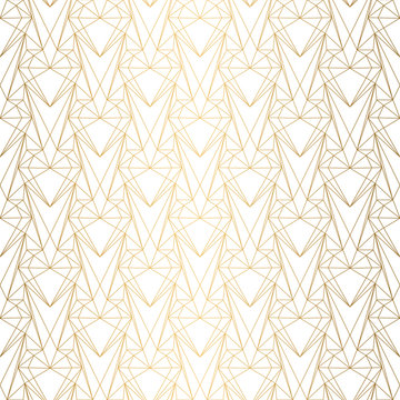 Art Deco Pattern from hearts. Seamless white and gold background