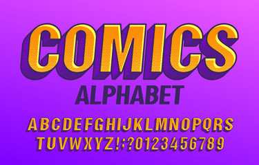 Comics alphabet font. Halftone letters and numbers in retro comic style. Stock vector illustration typography design.
