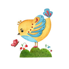 Watercolor hand painted illustration with bird, butterfly, grass, and berries. Cute design for textile, scrapbooking, nursery, kids wrapping, poster and print.