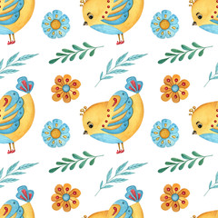 Watercolor seamless pattern with birds, leaves and flowers. Cute hand-drawn illustration for textile, scrapbooking, nursery, kids wrapping, poster, print and child decor.