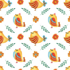Watercolor seamless pattern with birds and flowers. Cute hand-drawn illustration for textile, scrapbooking, nursery, kids wrapping, poster, print and child decor.