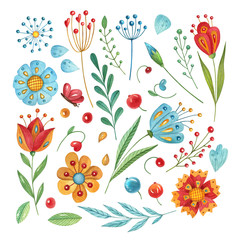 Hand-painted watercolor floral set with separate elements. Bright botanical illustration of cute cartoon flowers and leaves.