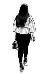 Sketch of brunette girl with bag and smartphone going away