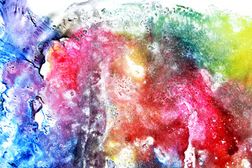 Abstract watercolor drawing on a white background. Red, green, blue colors.