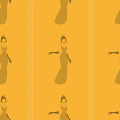 seamless pattern with silhouette of an woman in a long yellow dress with black polka dots