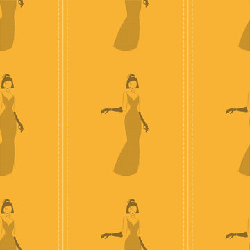 seamless pattern with silhouette of an woman in a long yellow dress with black polka dots