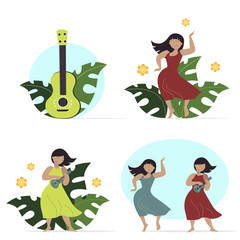 Set of elements for musical and dancing festival.  Funny cute happy women. Vector girl playing ukulele. 