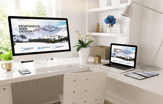 home office set up with responsive snow mountain website