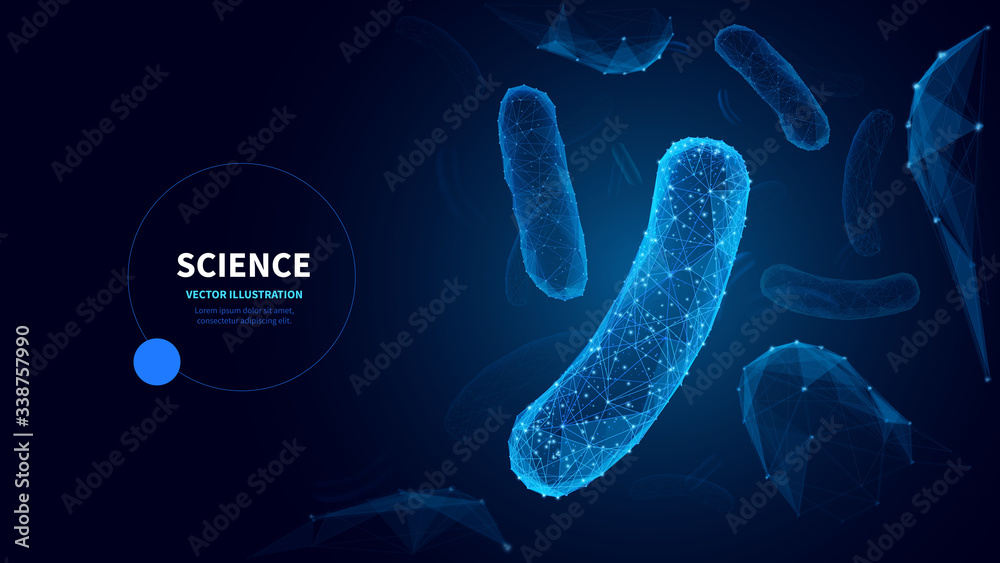 Aufkleber Microbiology low poly wireframe banner vector template. Futuristic science, biological research poster polygonal design with bacteria illustration. Microscopic germs 3d mesh art with connected dots