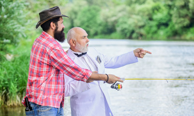 Learn to fish. Fish with companion who can offer help in emergency. Fishing skills. Men friends...