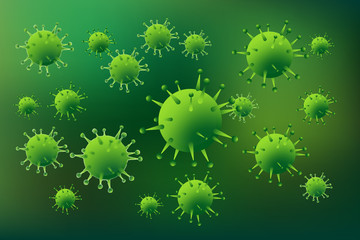 Design of a coronavirus outbreak with a viral cell in microscopic form. Vector illustration template on the topic of a dangerous SARS epidemic for an advertising banner or leaflet.