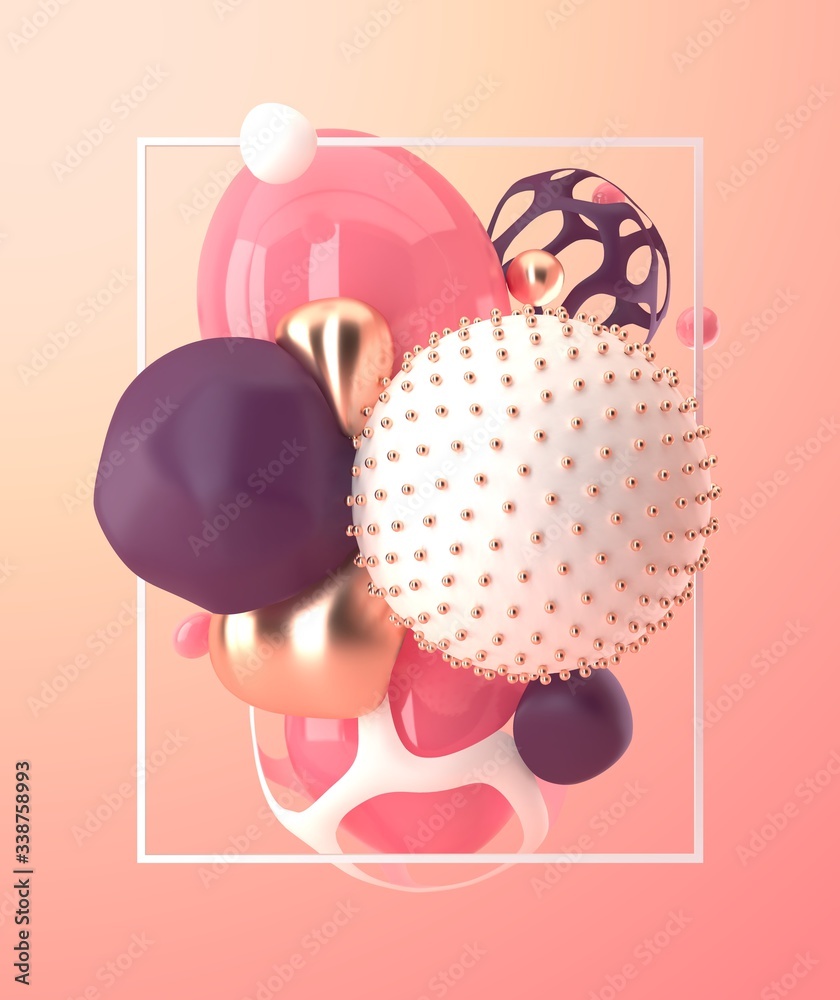 Poster 3d rendering abstract scene with geometrical forms on pastel color background. chaotic 3d shapes in 