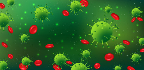 Design of a coronavirus outbreak with a viral cell in microscopic form. Vector illustration template on the topic of a dangerous SARS epidemic for an advertising banner or leaflet.