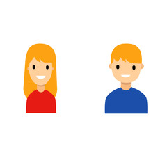 Set of two characters boy girl of school age teenagers with red hair smiling expressions on face. Vector illustration in cartoon style
