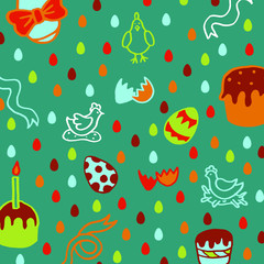 Doodle dark green background with chicken, easter eggs, ribbons, easter cakes, eggshell. Colorful drawing.