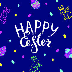 Vector drawing with lettering white composition "Happy Easter". Dark blue background with rabbits and easter eggs.
