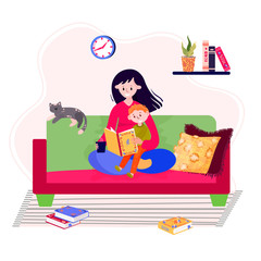 Mother is reading book to son. Young woman is sitting on sofa and reading fairytale to little boy. Mom and kid enjoy family time together. Concept of early childhood education.