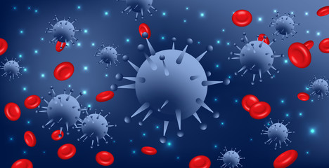 Fototapeta na wymiar Design of a coronavirus outbreak with a viral cell in microscopic form. Vector illustration template on the topic of a dangerous SARS epidemic for an advertising banner or leaflet.