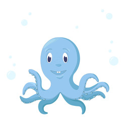 Emotional blue octopus with big funny smile and eyes