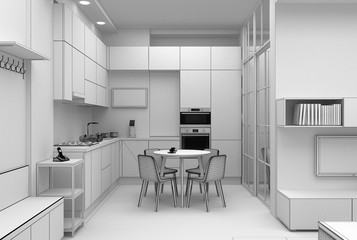 Interior design of a kitchen in compact apartment grid 3D render