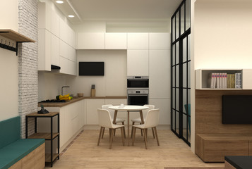 Interior design of a kitchen in compact apartment 3D render