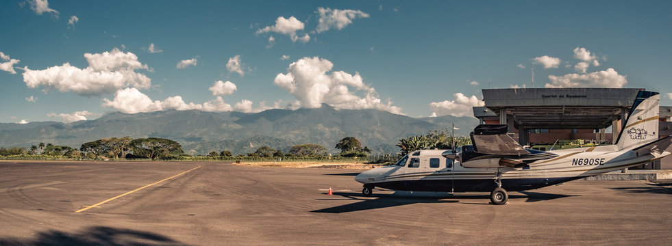 01/04/2019 - Armenia, Quindio,  Colombia. Twin engine propeller plane on the runway of the international airport of Armenia town.