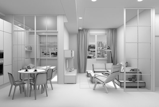 Interior design of a compact apartment grid 3D render