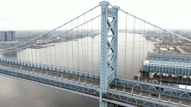 Ben Franklin Bridge spans Delaware River, no people, no traffic, Covid quarantine shutdown shelter in place, coronavirus stay at home order, aerial drone footage