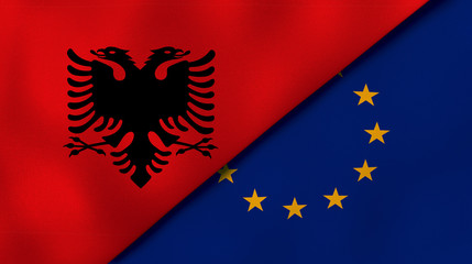 The flags of Albania and European Union. News, reportage, business background. 3d illustration