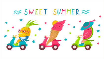 Fototapeta premium Fun pineapple, ice cream and watermelon ride on a scooter. The inscription 
