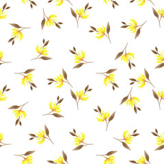 Fototapeta na wymiar Seamless pattern with cute yellow flower branches with leaves in watercolor style on white background.