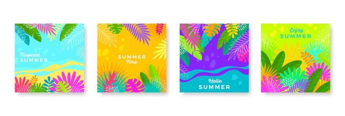 Set of background with tropical leaves and plants. Floral multicolored design for cover, poster, flyer, greeting or invitation, Vector illustration.