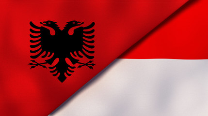 The flags of Albania and Indonesia. News, reportage, business background. 3d illustration