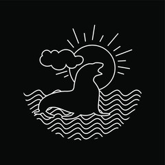 Walrus isolated line on black background. Walrus, sea, sun, cloud concept drawing in modern style illustration