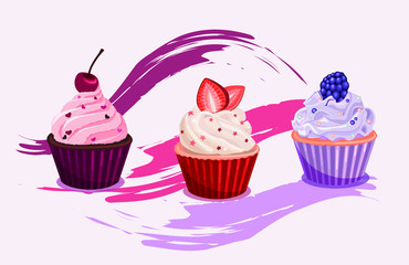 Vector illustration, realism, sweet delicious cupcakes, dessert, food.  Set