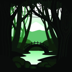Background forest silhouette. Japanese, Chinese garden. Beautiful landscape.
