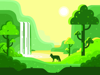 Vector illustration monochrome landscape, nature, forest, animals. Summer, waterfall, mountain, fox.