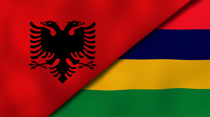 The flags of Albania and Mauritius. News, reportage, business background. 3d illustration